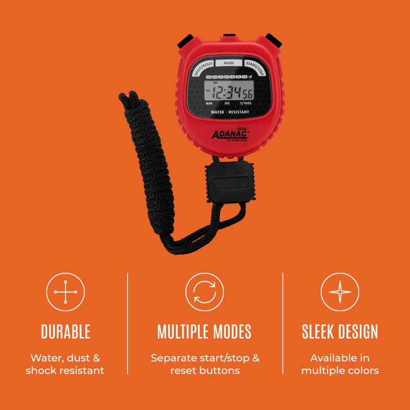 Marathon Adanac 3000 Digital Stopwatch Timer, Red - High Precision Accuracy to 1/100th Seconds - Water, Dust & Shock Resistant - 46â€ Lanyard Included - Image 3